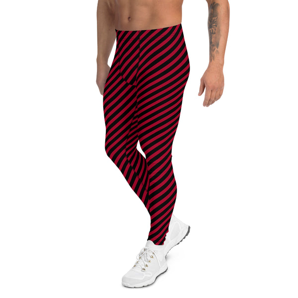 Colorful Diagonally Striped Meggings, Red and Black Diagonal Striped Best Abstract Designer Print Sexy Meggings Men's Workout Gym Tights Leggings, Men's Compression Tights Pants - Made in USA/ EU/ MX (US Size: XS-3XL)&nbsp;