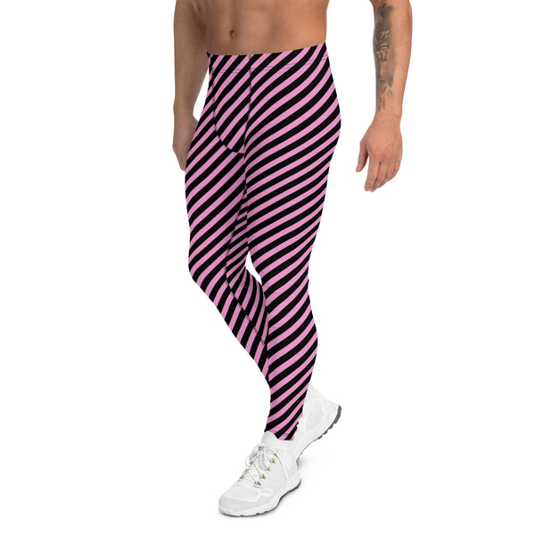 Light Pink Black Striped Meggings, Diagonally Striped Designer Print Sexy Meggings Men's Workout Gym Tights Leggings, Men's Compression Tights Pants - Made in USA/ EU/ MX (US Size: XS-3XL)&nbsp;