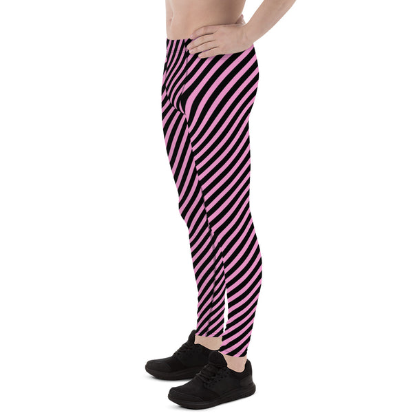 Light Pink Black Striped Meggings, Diagonally Striped Meggings Compression Tights For Men- Made in USA/EU/MX