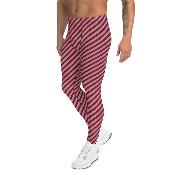 Colorful Diagonally Striped Meggings, Red and Grey Diagonal Striped Best Abstract Designer Print Sexy Meggings Men's Workout Gym Tights Leggings, Men's Compression Tights Pants - Made in USA/ EU/ MX (US Size: XS-3XL)&nbsp;