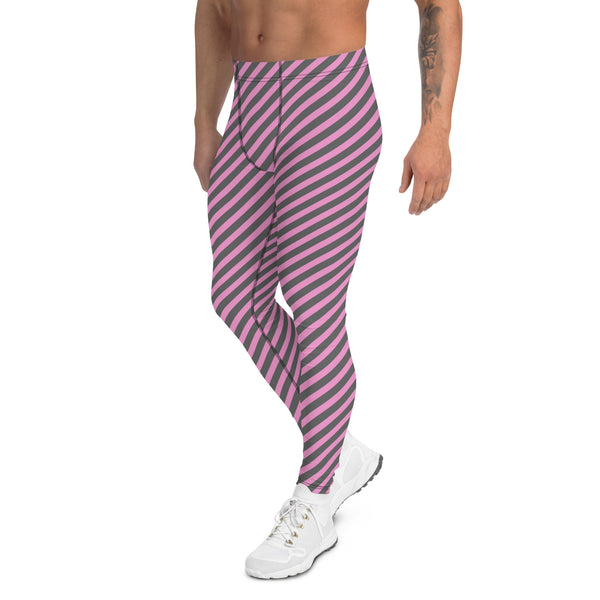 Colorful Diagonally Striped Meggings, Pink and Grey Diagonal Striped Best Abstract Designer Print Sexy Meggings Men's Workout Gym Tights Leggings, Men's Compression Tights Pants - Made in USA/ EU/ MX (US Size: XS-3XL)&nbsp;