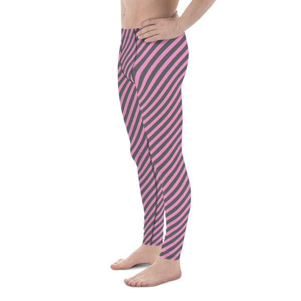 Pink Grey Diagonal Striped Meggings, Colorful Best Compression Tights For Men - Made in USA/EU/MX