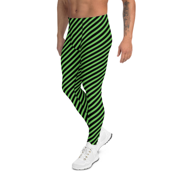 Pine Green Black Striped Meggings, Diagonal Striped&nbsp;Designer Print Sexy Meggings Men's Workout Gym Tights Leggings, Men's Compression Tights Pants - Made in USA/ EU/ MX (US Size: XS-3XL)&nbsp;