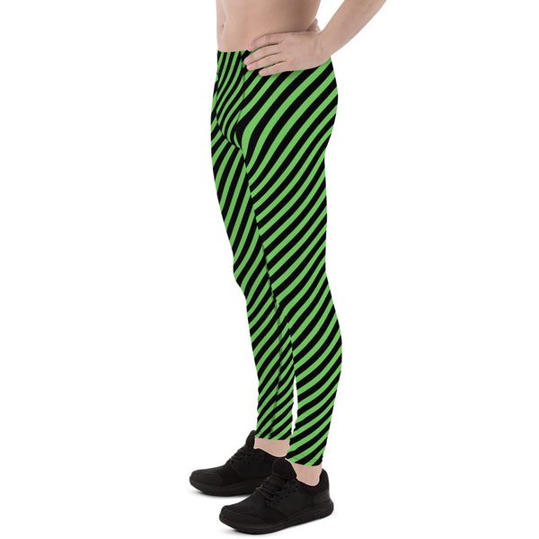 Pine Green Black Striped Meggings, Diagonal Striped&nbsp;Designer Print Sexy Meggings Men's Workout Gym Tights Leggings, Men's Compression Tights Pants - Made in USA/ EU/ MX (US Size: XS-3XL)&nbsp;