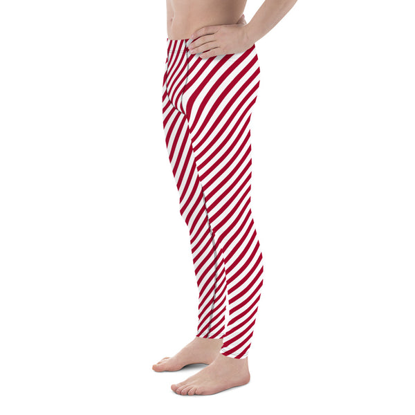 White Red Diagonal Striped Meggings, Colorful Best Compression Tights For Men - Made in USA/EU/MX