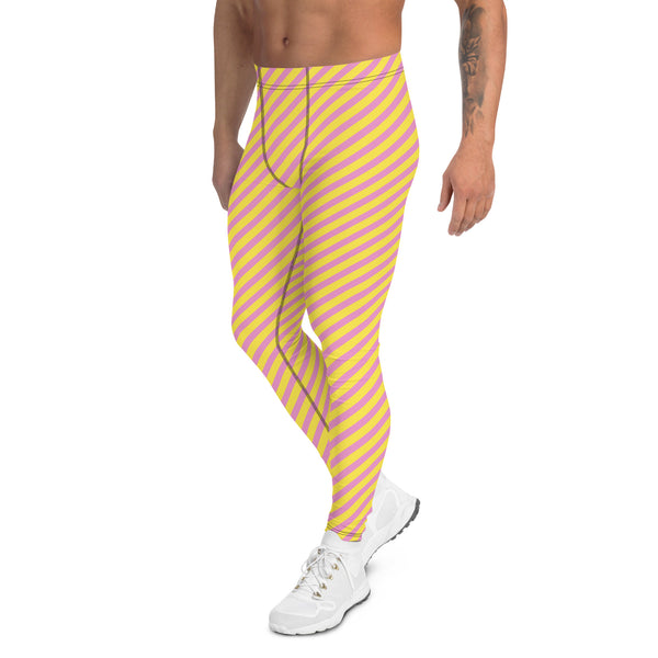 Pink Yellow Diagonally Striped Meggings, Best Men's Leggings