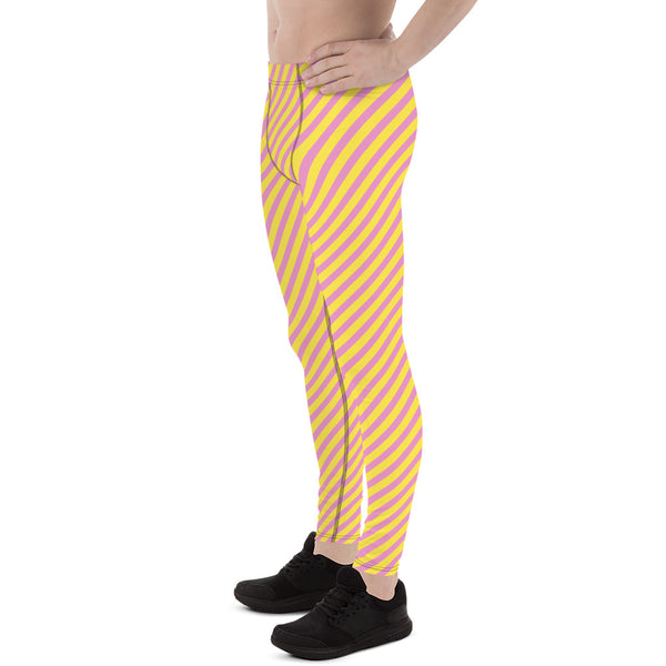 Pink Yellow Diagonally Striped Meggings, Best Men's Leggings