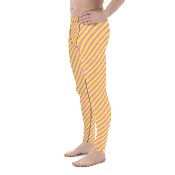 Pink Yellow Diagonally Striped Meggings, Best Men's Leggings