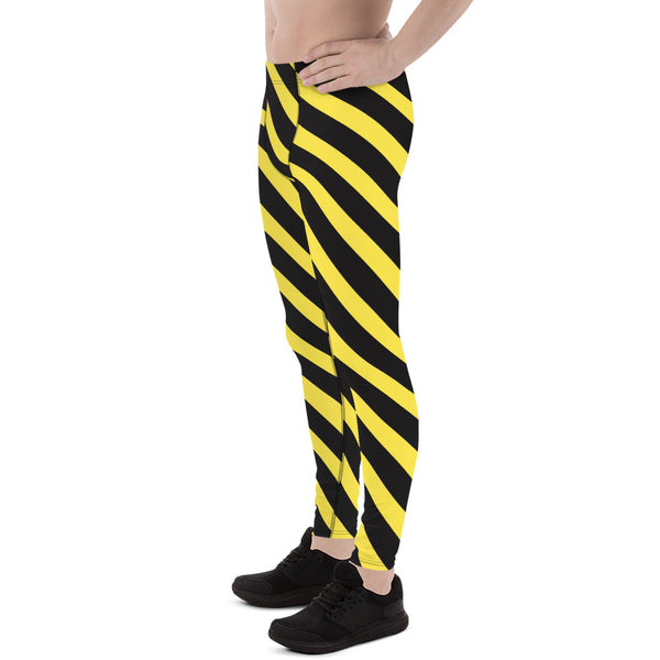 Yellow Black Diagonally Striped Meggings, Best Men's Leggings