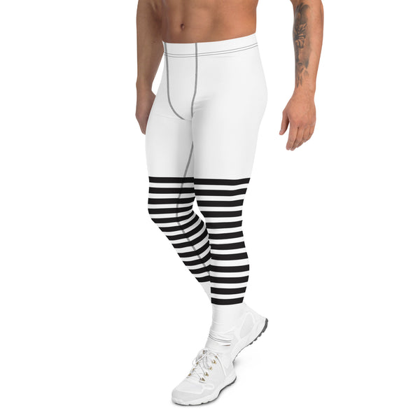 White Abstract Striped Men's Leggings, Black Horizontally Striped White and Black Abstract Designer Print Sexy Meggings Men's Workout Gym Tights Leggings, Men's Compression Tights Pants - Made in USA/ EU/ MX (US Size: XS-3XL)&nbsp;