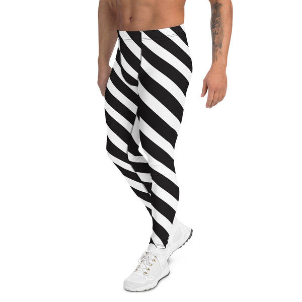 White Black Diagonally Striped Meggings, Abstract Striped Men's Leggings, Black Striped White and Black Abstract Designer Print Sexy Meggings Men's Workout Gym Tights Leggings, Men's Compression Tights Pants - Made in USA/ EU/ MX (US Size: XS-3XL)&nbsp;