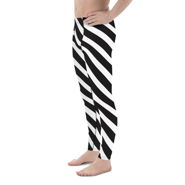 Black White Diagonal Stripes Meggings, White Striped Premium Style Men's Leggings For Men - Made in USA/EU/MX