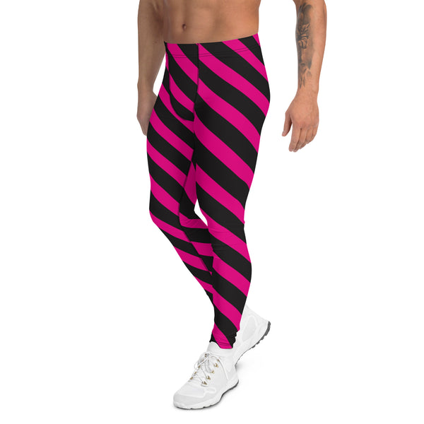 Pink Black Diagonal Striped Meggings, Best Men's Leggings