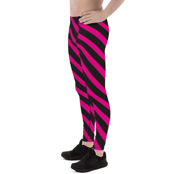 Pink Black Diagonal Striped Meggings, Best Men's Leggings