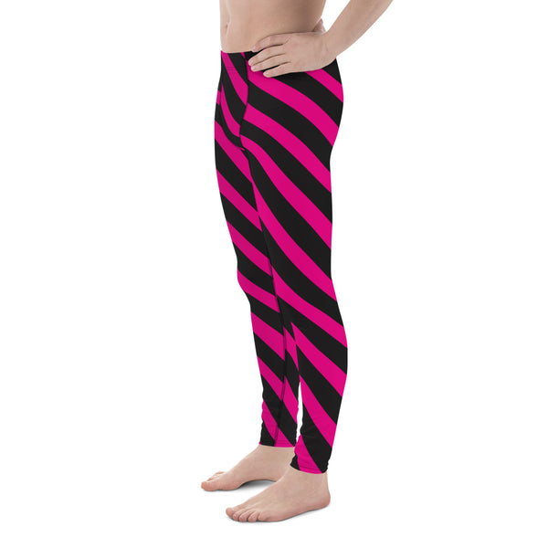 Pink Black Diagonal Striped Meggings, Best Men's Leggings