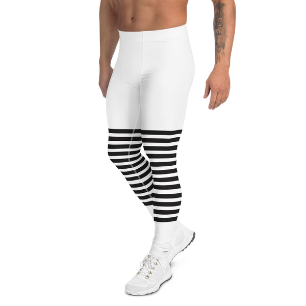 White Abstract Striped Men's Leggings, Black Horizontally Striped White and Black Abstract Designer Print Sexy Meggings Men's Workout Gym Tights Leggings, Men's Compression Tights Pants - Made in USA/ EU/ MX (US Size: XS-3XL)&nbsp;