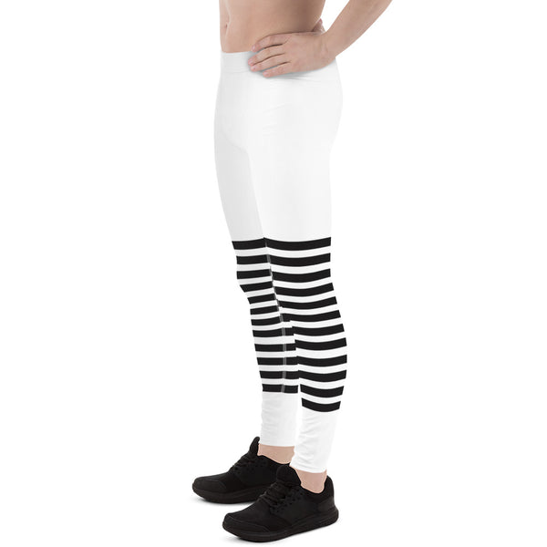 White Black Horizontal Striped Meggings, Best Horizontally Striped Men's Leggings For Men - Made in USA/EU/MX