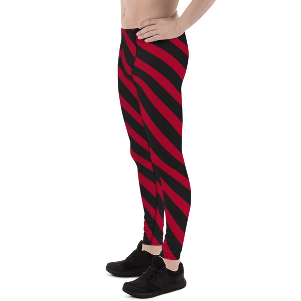 Red Black Diagonal Striped Meggings, Best Festival Men's Leggings Running Compression Tights For Men - Made in USA/EU/MX