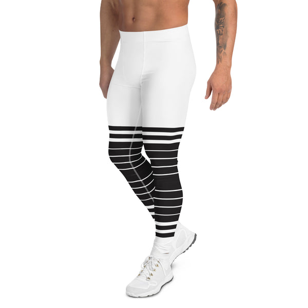 White Abstract Striped Men's Leggings, Black Horizontally Striped White and Black Abstract Designer Print Sexy Meggings Men's Workout Gym Tights Leggings, Men's Compression Tights Pants - Made in USA/ EU/ MX (US Size: XS-3XL)&nbsp;