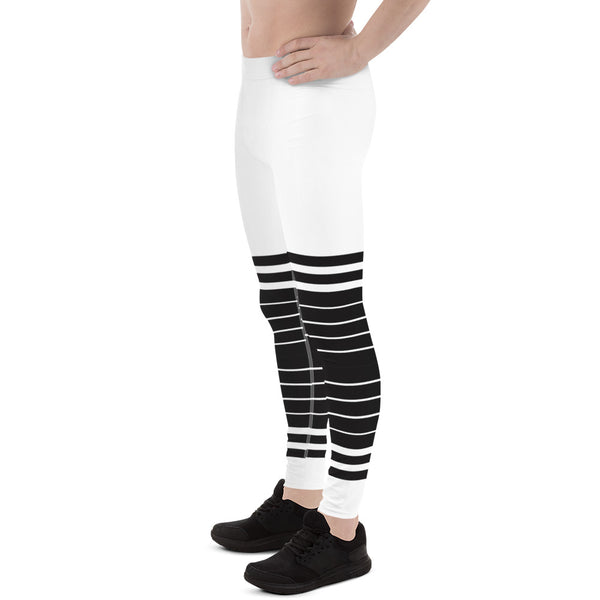 White Black Striped Horizontal Meggings, Best Sexy Men's Leggings Compression Tights For Men - Made in USA/EU/MX