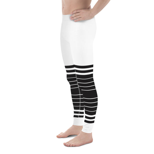 White Black Striped Horizontal Meggings, Best Sexy Men's Leggings Compression Tights For Men - Made in USA/EU/MX