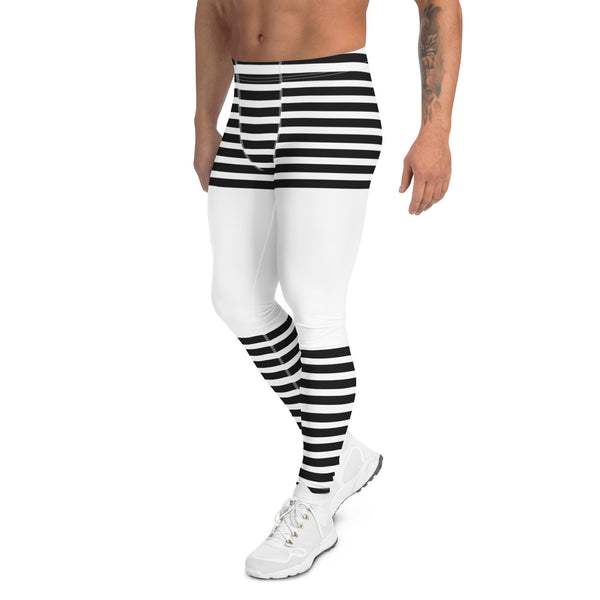 White Abstract Striped Men's Leggings, Black Horizontally Striped White and Black Abstract Designer Print Sexy Meggings Men's Workout Gym Tights Leggings, Men's Compression Tights Pants - Made in USA/ EU/ MX (US Size: XS-3XL)&nbsp;