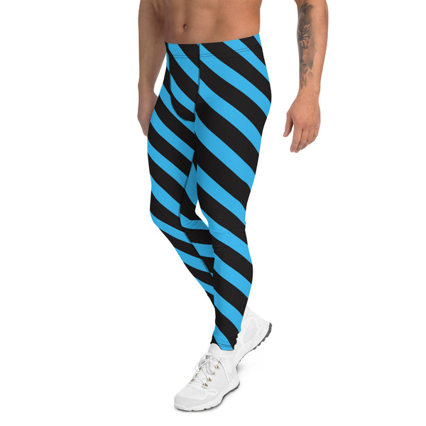 Blue Black Striped Meggings, Diagonal Stripes Men's Leggings