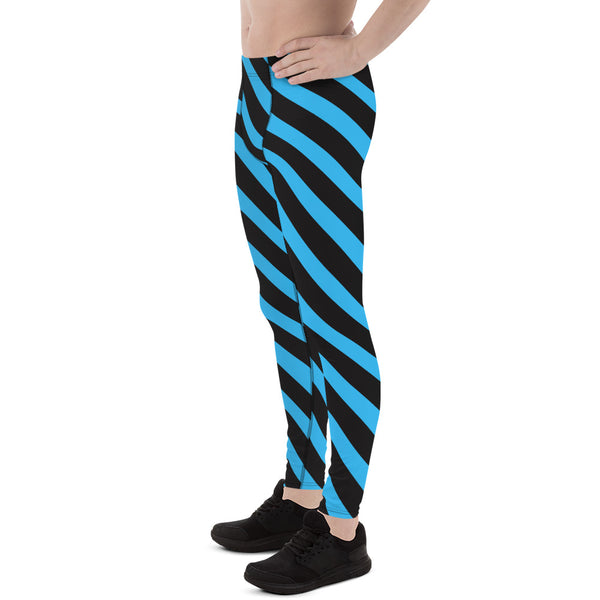 Blue Black Striped Meggings, Diagonal Stripes Men's Leggings