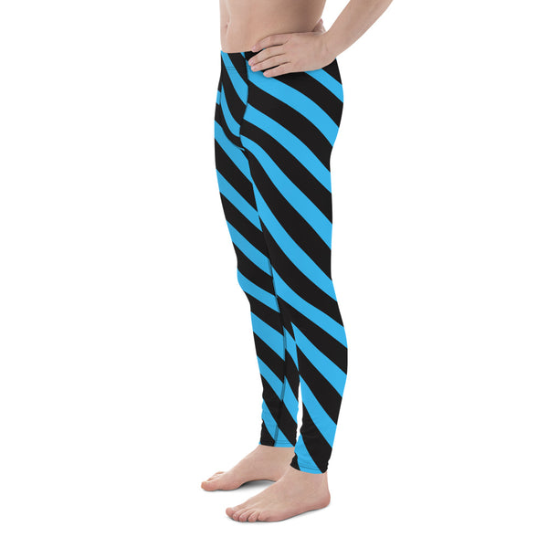 Blue Black Striped Meggings, Diagonal Stripes Men's Leggings