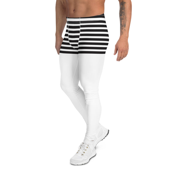 White Abstract Striped Men's Leggings, Black Horizontally Striped White and Black Abstract Designer Print Sexy Meggings Men's Workout Gym Tights Leggings, Men's Compression Tights Pants - Made in USA/ EU/ MX (US Size: XS-3XL)&nbsp;