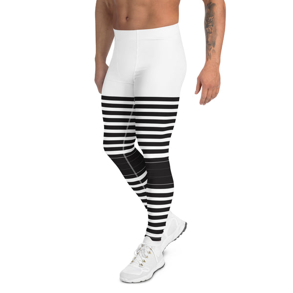 White Abstract Striped Men's Leggings, Black Horizontally Striped White and Black Abstract Designer Print Sexy Meggings Men's Workout Gym Tights Leggings, Men's Compression Tights Pants - Made in USA/ EU/ MX (US Size: XS-3XL)&nbsp;