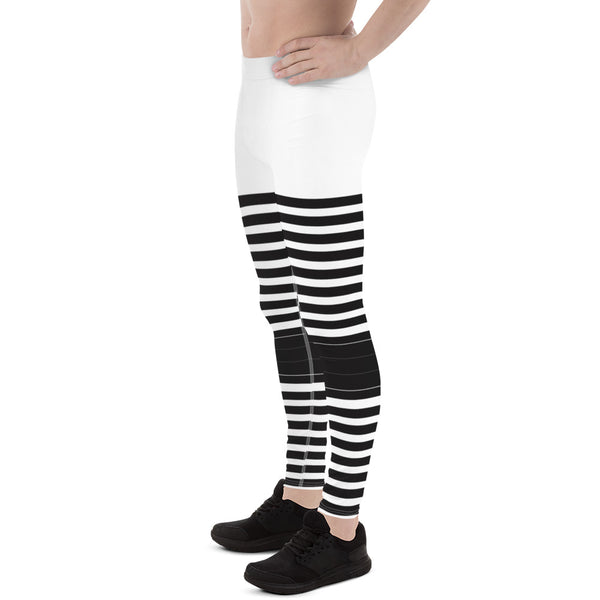 Black White Striped Meggings, Best Horizontal Stripes Men's Leggings Abstract Men's Leggings For Men - Made in USA/EU/MX