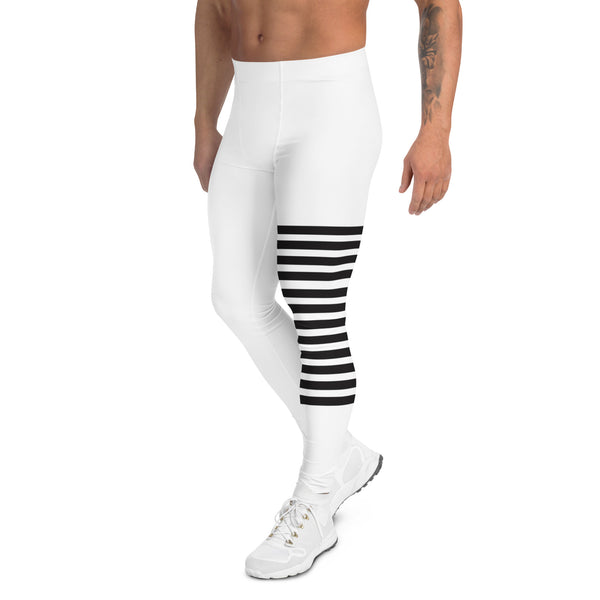 White Abstract Striped Men's Leggings, Black Horizontally Striped White and Black Abstract Designer Print Sexy Meggings Men's Workout Gym Tights Leggings, Men's Compression Tights Pants - Made in USA/ EU/ MX (US Size: XS-3XL)&nbsp;