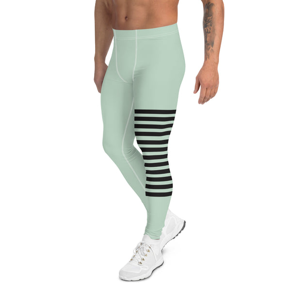 Pastel Green Striped Meggings, Pastel Horizontally Striped Men's Leggings