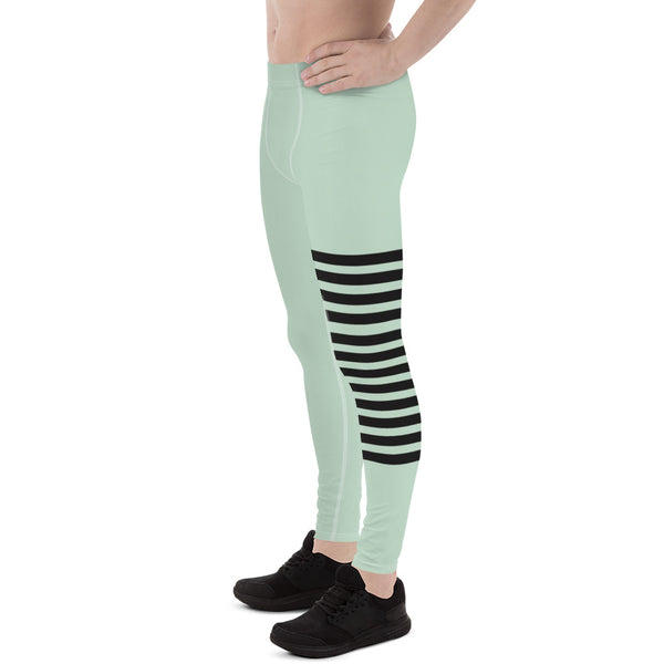 Pastel Green Striped Meggings, Pastel Horizontally Striped Men's Leggings