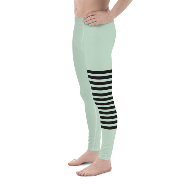 Pastel Green Striped Meggings, Pastel Horizontally Striped Men's Leggings
