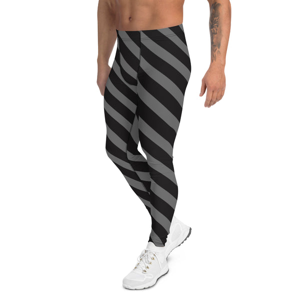 Grey Black Striped Meggings, Diagonally Striped Men's Leggings