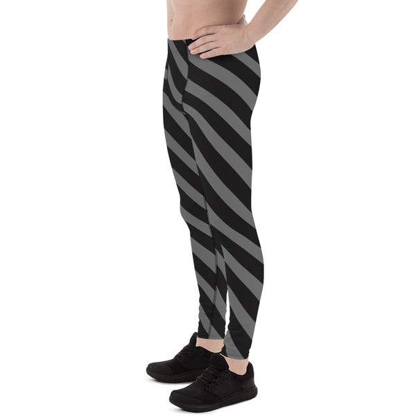Grey Black Striped Meggings, Diagonally Striped Men's Leggings