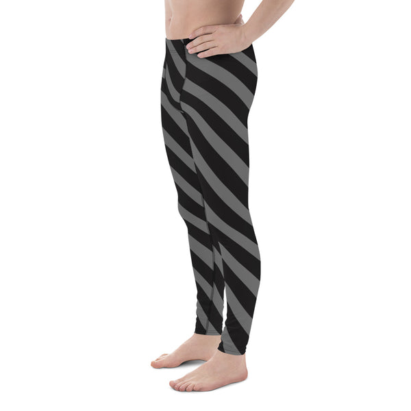 Grey Black Striped Meggings, Diagonally Striped Men's Leggings