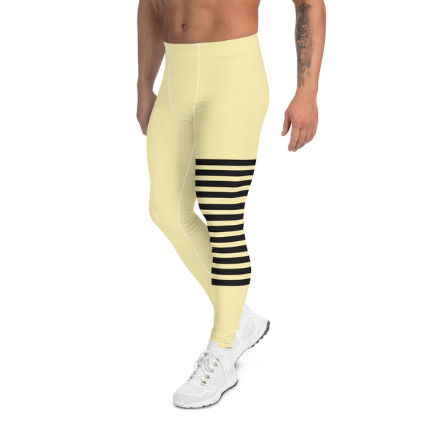 Pastel Yellow Striped Meggings, Horizontal Stripes Men's Leggings
