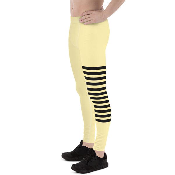 Pastel Yellow Striped Meggings, Horizontal Stripes Men's Leggings