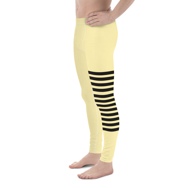 Pastel Yellow Striped Meggings, Horizontal Stripes Men's Leggings