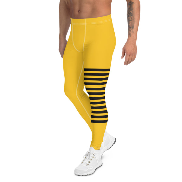 Bright Yellow Striped Meggings, Designer Horizontal Stripes Men's Leggings