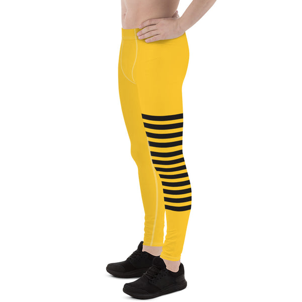 Bright Yellow Striped Meggings, Designer Horizontal Stripes Men's Leggings