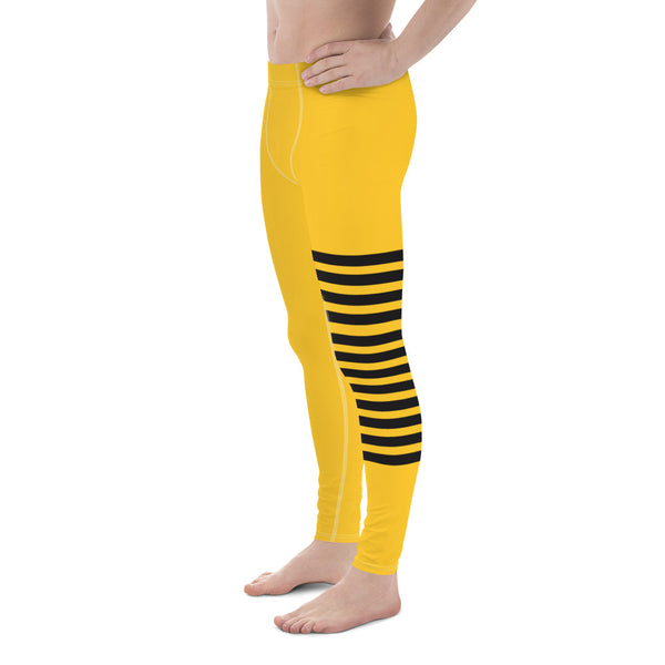 Bright Yellow Striped Meggings, Designer Horizontal Stripes Men's Leggings