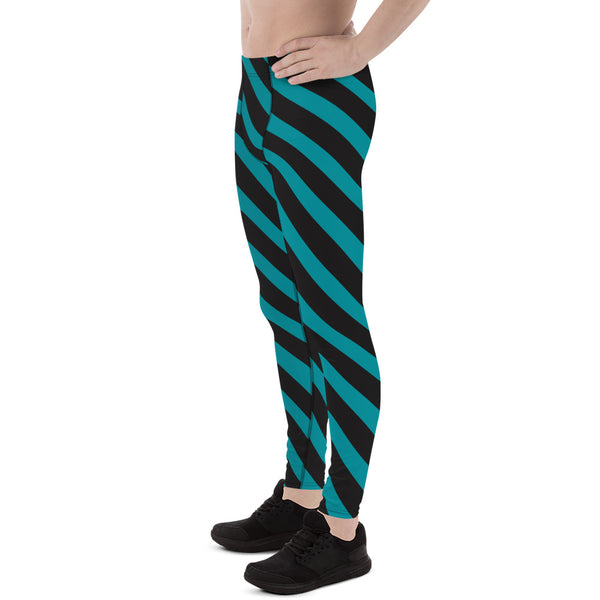 Teal Blue Black Striped Meggings, Diagonal Stripes Best Men's Leggings