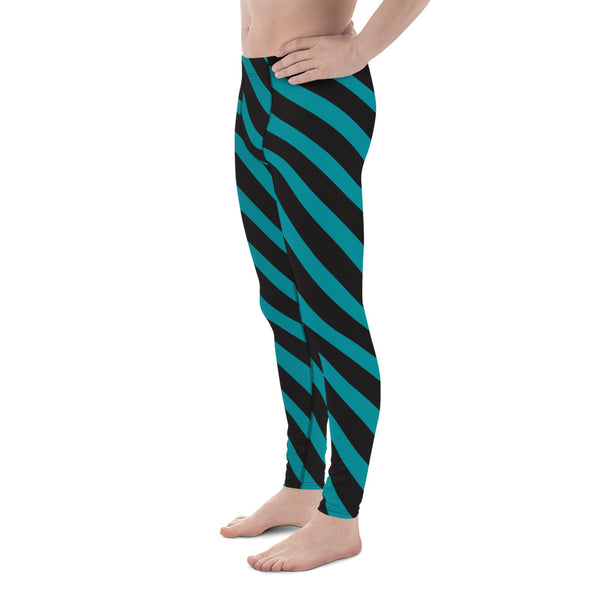 Teal Blue Black Striped Meggings, Diagonal Stripes Best Men's Leggings