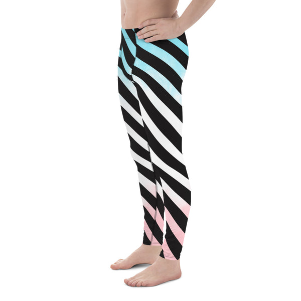 Blue Pink Striped Meggings, Diagonally Stripes Best Premium Best Men's Leggings