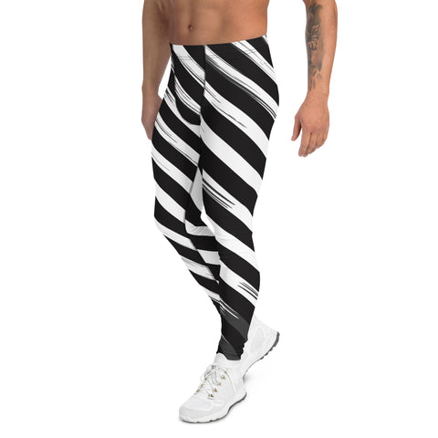 Black Abstract Striped Meggings, White and Black Diagonal Stripes Abstract Designer Print Sexy Meggings Men's Workout Gym Tights Leggings, Men's Compression Tights Pants - Made in USA/ EU/ MX (US Size: XS-3XL)&nbsp;