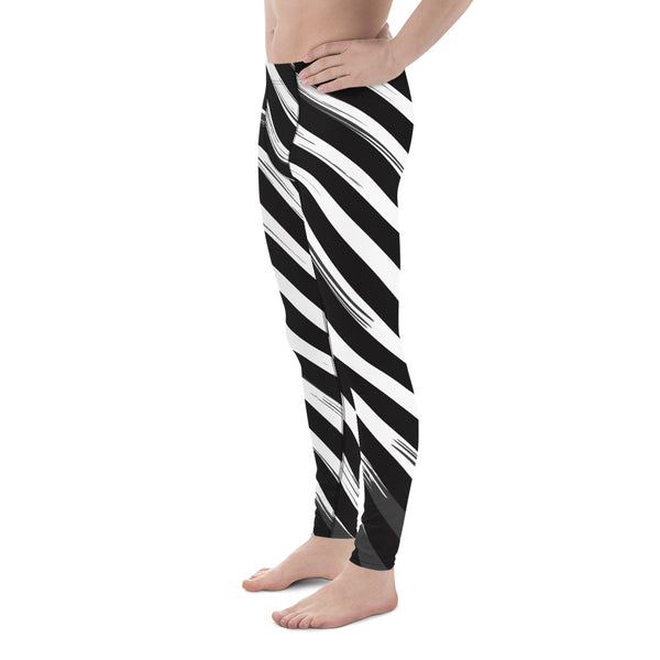 Black Abstract Striped Meggings, Diagonal Stripes Men's Leggings For Men - Made in USA/EU/MX